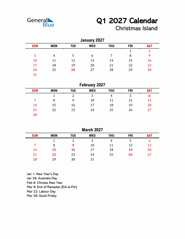 2027 Q1 Calendar with Holidays List for Christmas Island