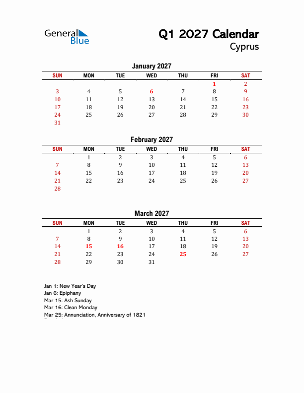 2027 Q1 Calendar with Holidays List for Cyprus