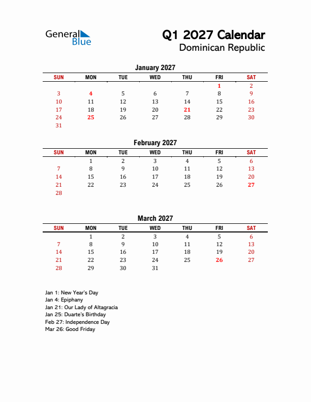 2027 Q1 Calendar with Holidays List for Dominican Republic