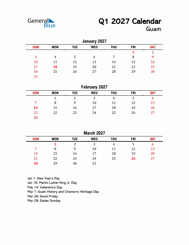 2027 Q1 Calendar with Holidays List for Guam