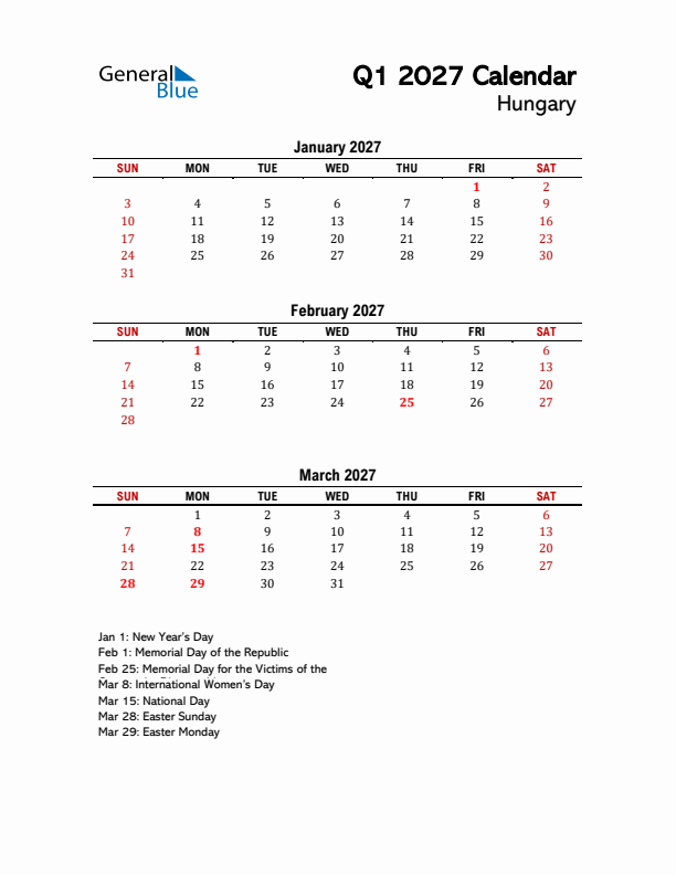 2027 Q1 Calendar with Holidays List for Hungary