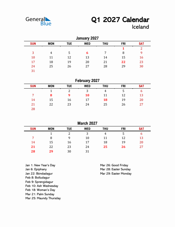 2027 Q1 Calendar with Holidays List for Iceland