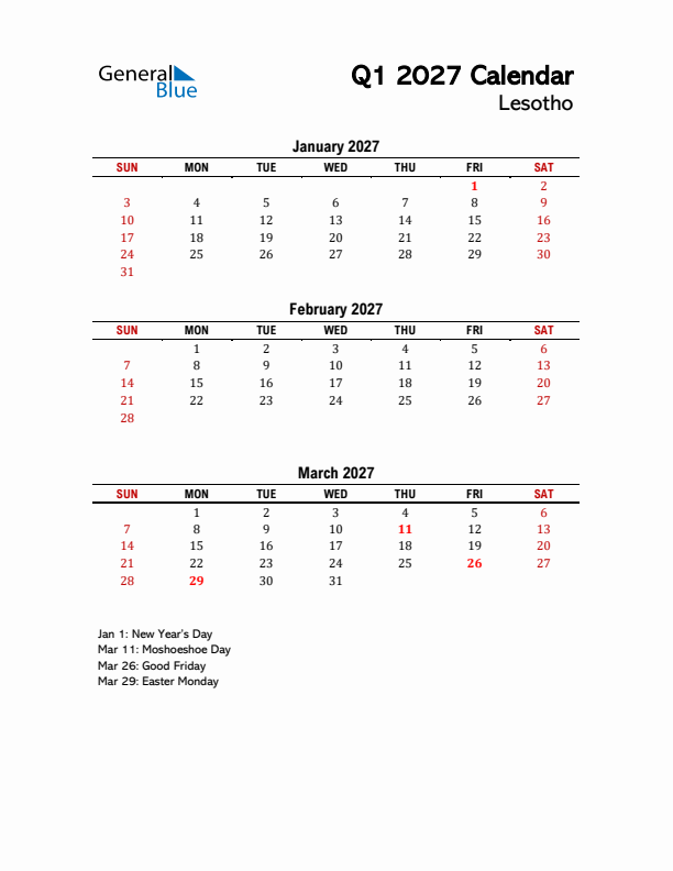 2027 Q1 Calendar with Holidays List for Lesotho