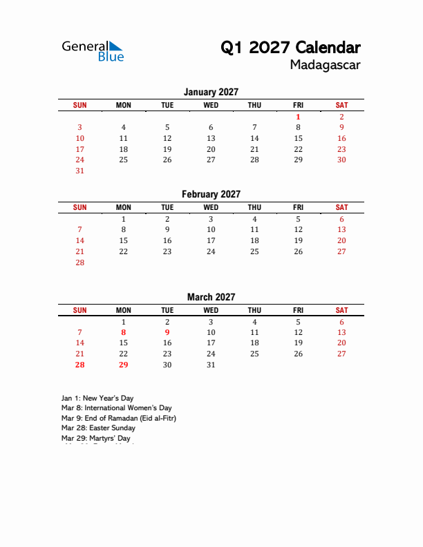 2027 Q1 Calendar with Holidays List for Madagascar