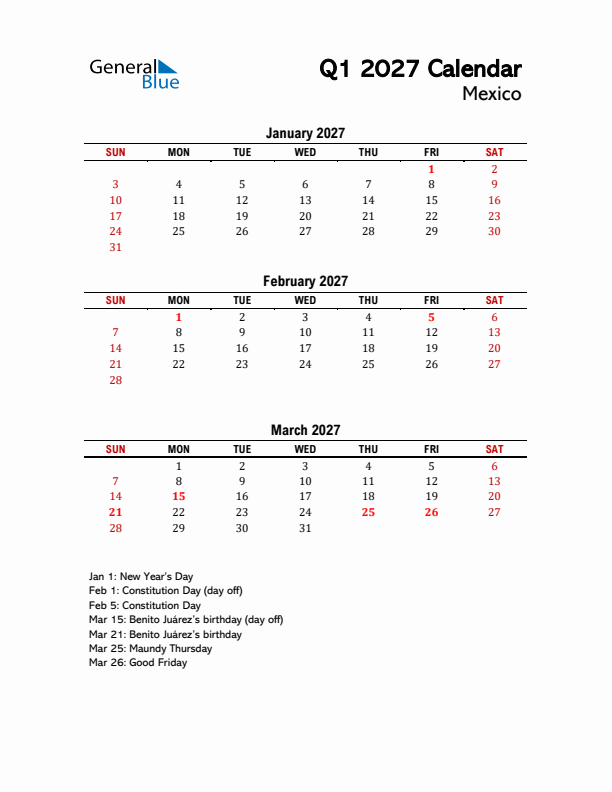 2027 Q1 Calendar with Holidays List for Mexico