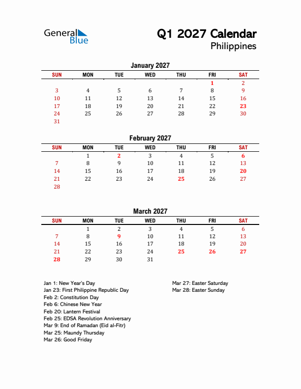 2027 Q1 Calendar with Holidays List for Philippines