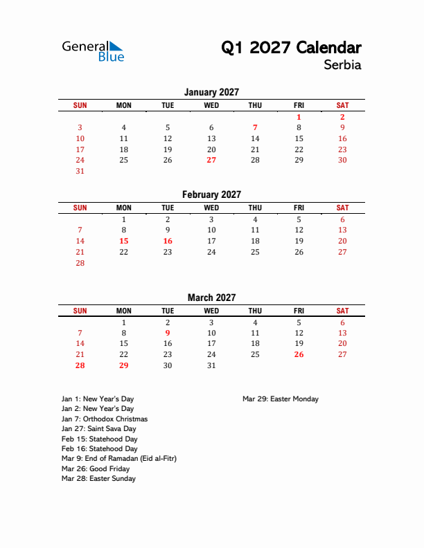 2027 Q1 Calendar with Holidays List for Serbia