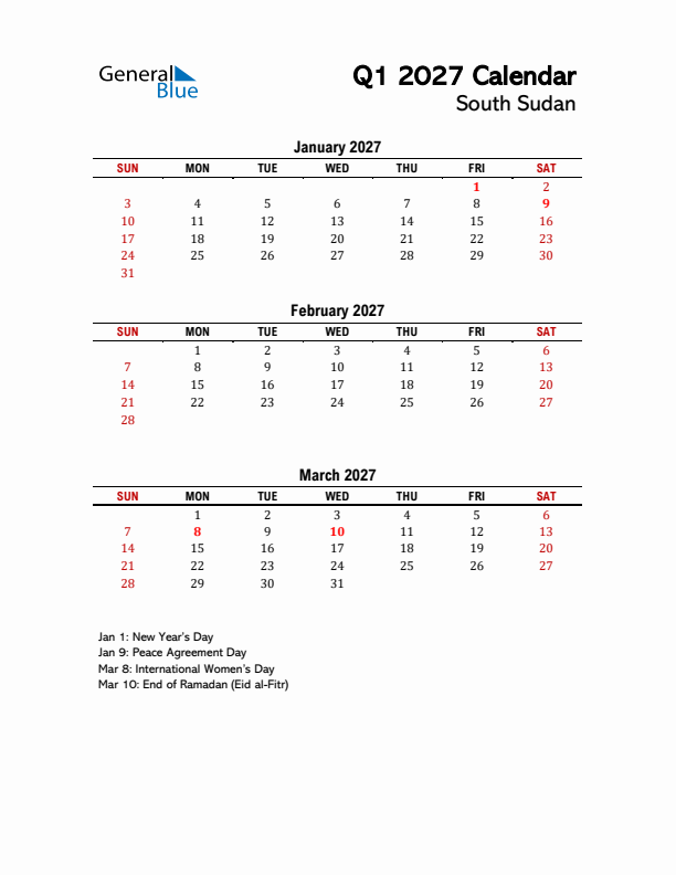 2027 Q1 Calendar with Holidays List for South Sudan