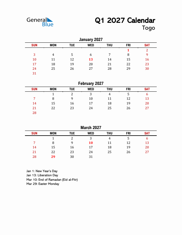 2027 Q1 Calendar with Holidays List for Togo