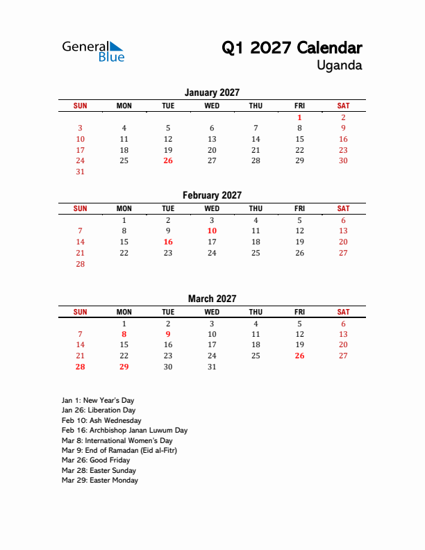 2027 Q1 Calendar with Holidays List for Uganda