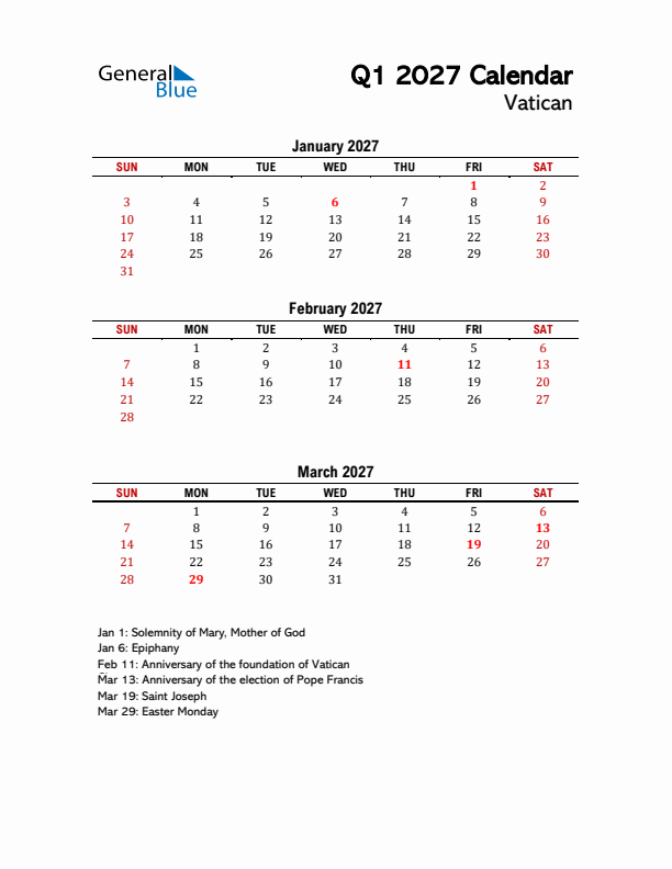 2027 Q1 Calendar with Holidays List for Vatican