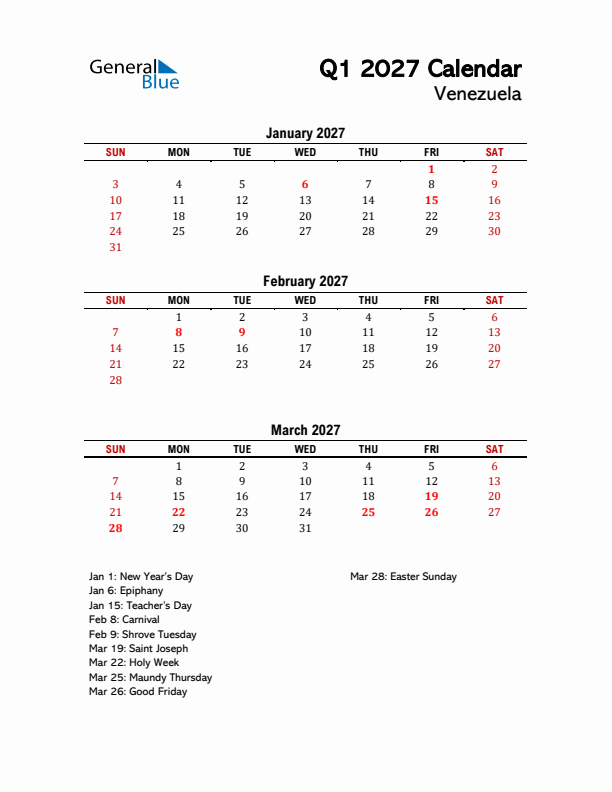 2027 Q1 Calendar with Holidays List for Venezuela