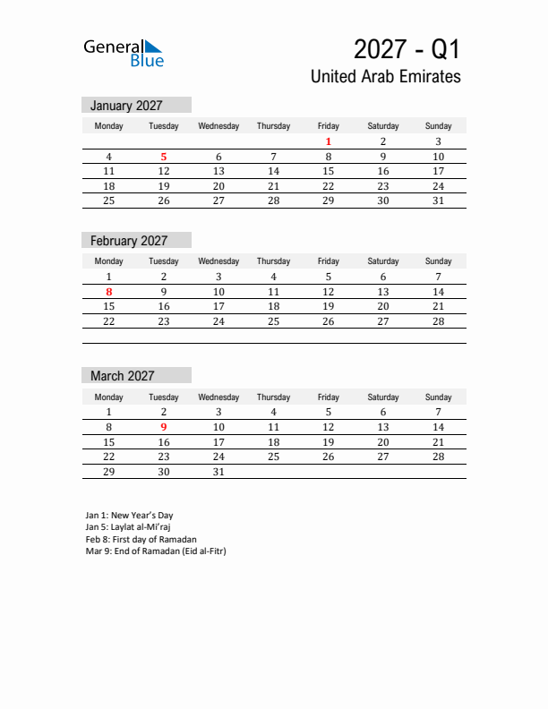 United Arab Emirates Quarter 1 2027 Calendar with Holidays