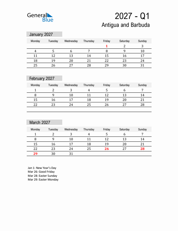 Antigua and Barbuda Quarter 1 2027 Calendar with Holidays