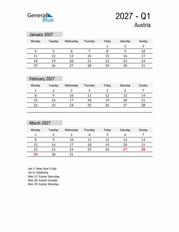 Austria Quarter 1 2027 Calendar with Holidays