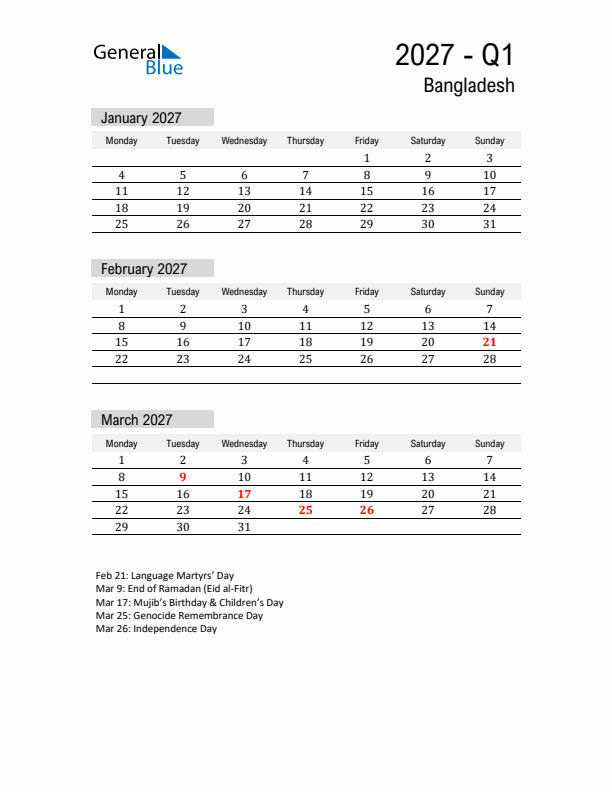 Bangladesh Quarter 1 2027 Calendar with Holidays
