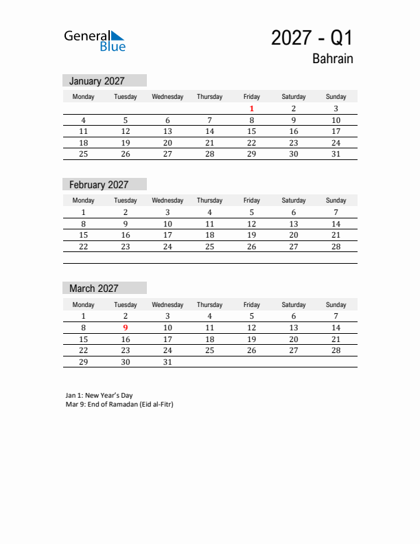 Bahrain Quarter 1 2027 Calendar with Holidays