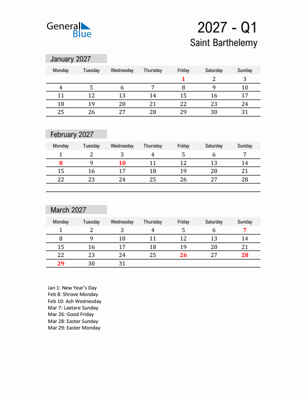 Saint Barthelemy Quarter 1 2027 Calendar with Holidays