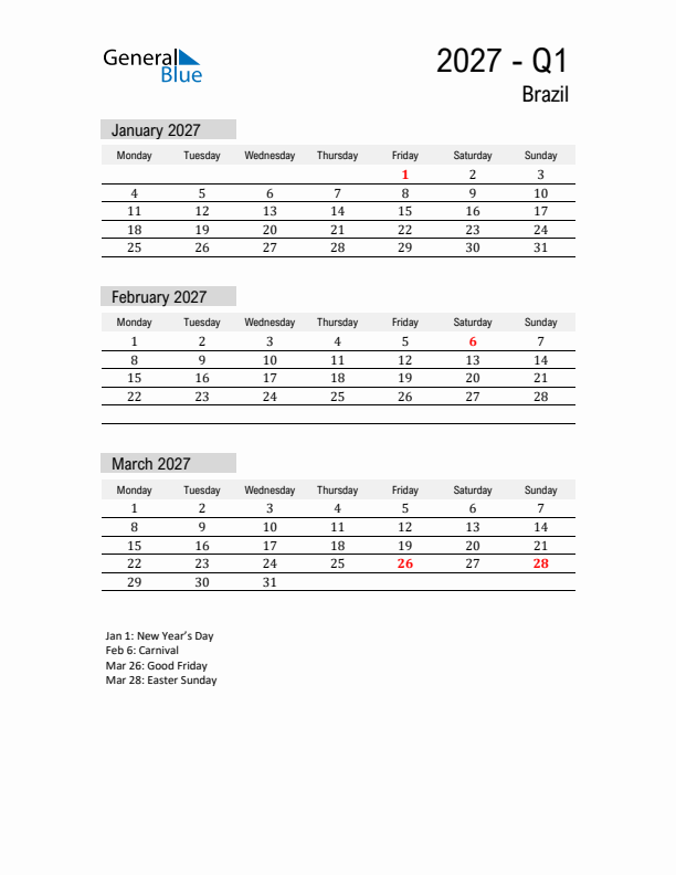 Brazil Quarter 1 2027 Calendar with Holidays