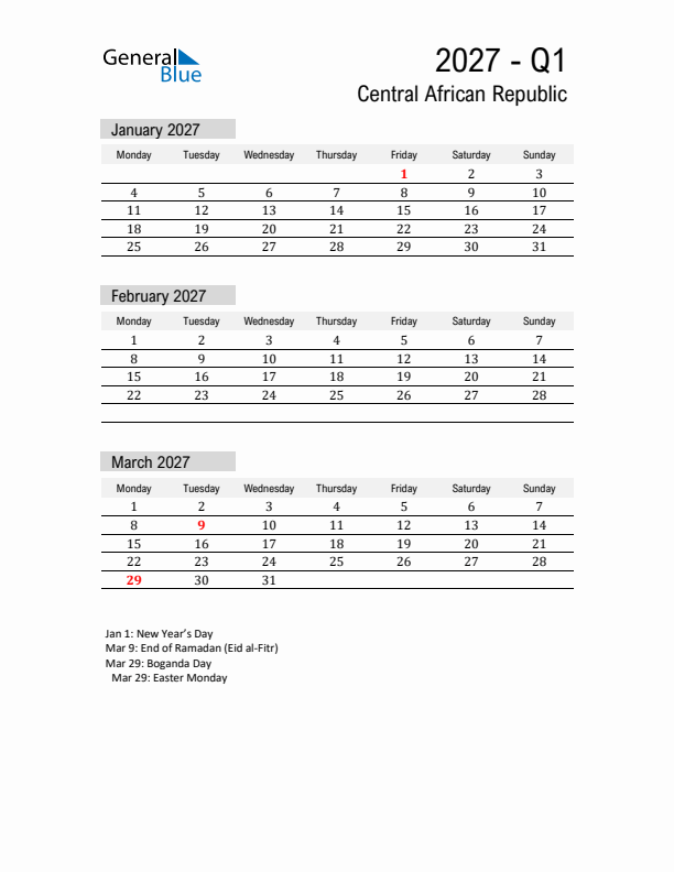 Central African Republic Quarter 1 2027 Calendar with Holidays