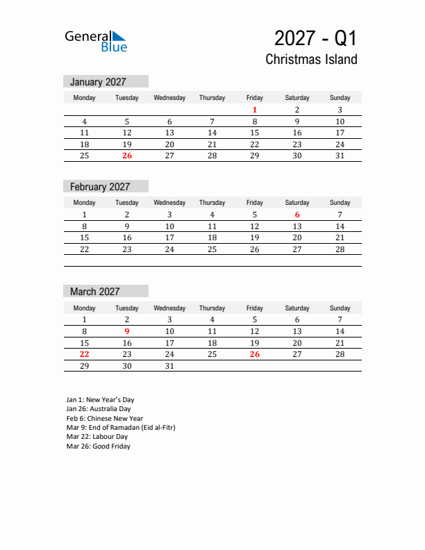 Christmas Island Quarter 1 2027 Calendar with Holidays