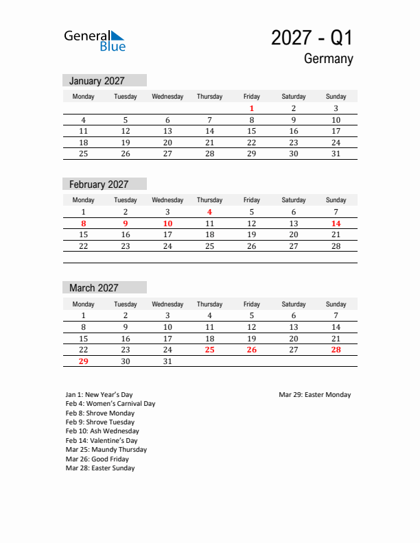 Germany Quarter 1 2027 Calendar with Holidays