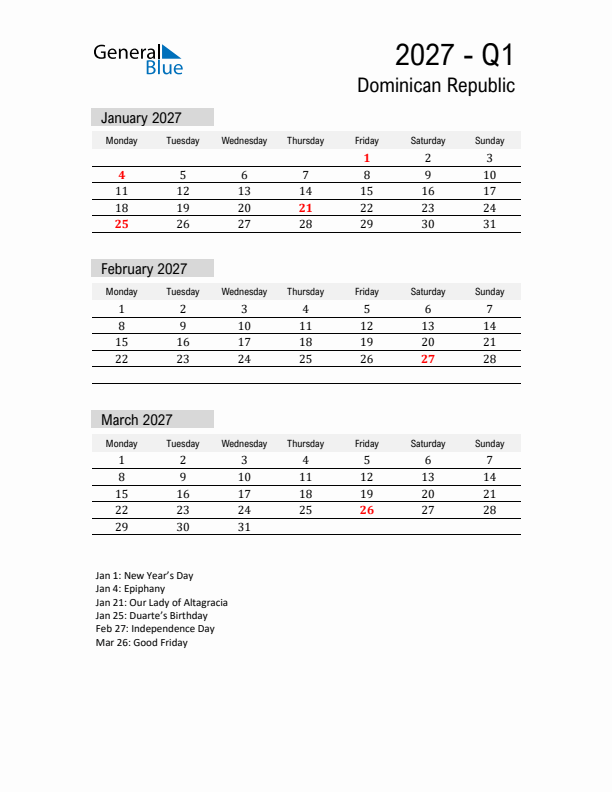Dominican Republic Quarter 1 2027 Calendar with Holidays