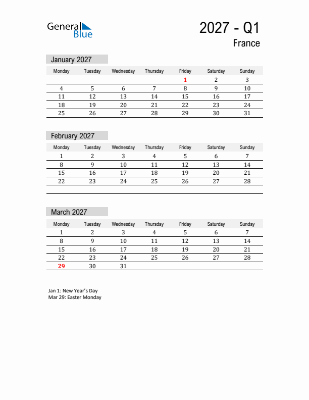 France Quarter 1 2027 Calendar with Holidays