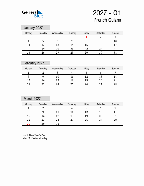 French Guiana Quarter 1 2027 Calendar with Holidays