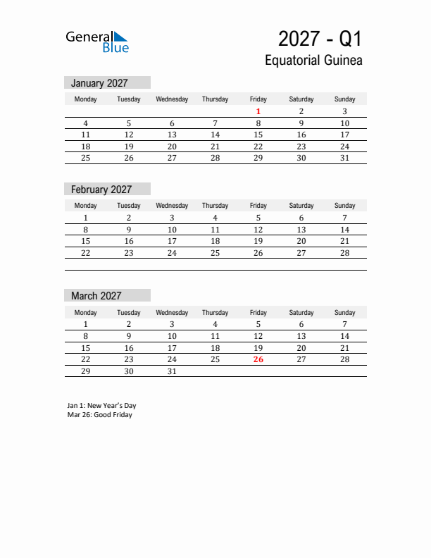 Equatorial Guinea Quarter 1 2027 Calendar with Holidays