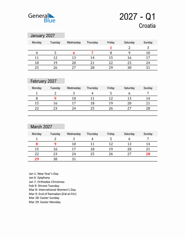 Croatia Quarter 1 2027 Calendar with Holidays