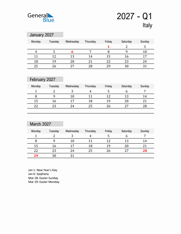 Italy Quarter 1 2027 Calendar with Holidays