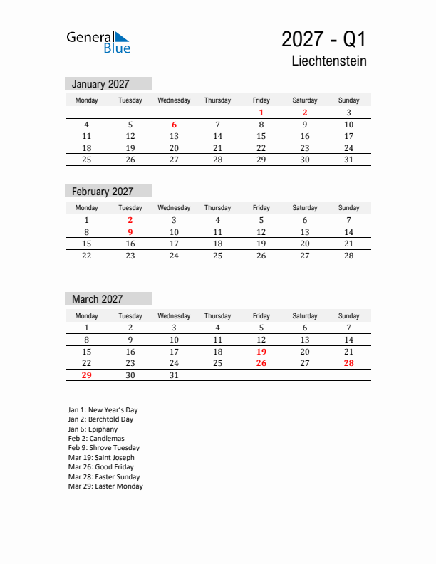 Liechtenstein Quarter 1 2027 Calendar with Holidays