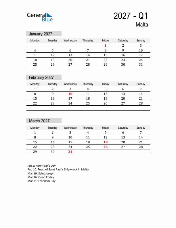 Malta Quarter 1 2027 Calendar with Holidays
