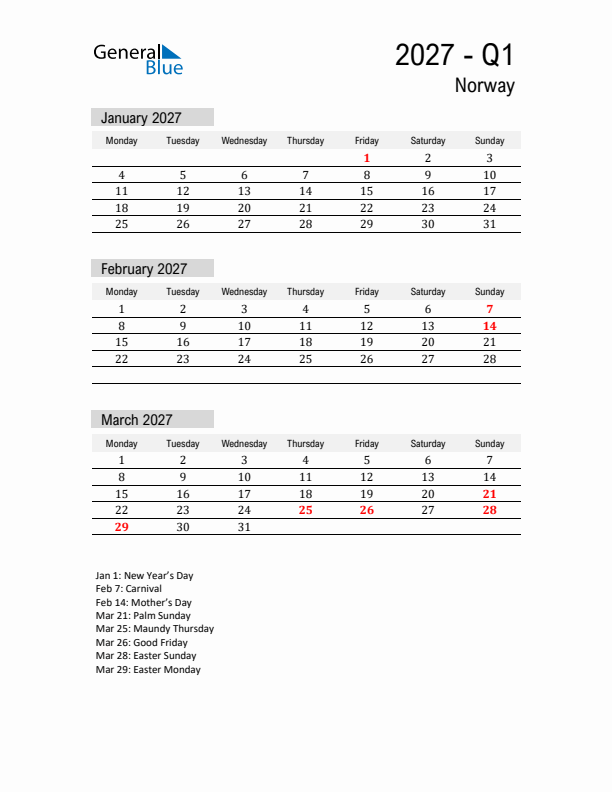 Norway Quarter 1 2027 Calendar with Holidays