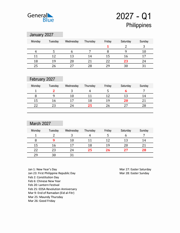 Philippines Quarter 1 2027 Calendar with Holidays