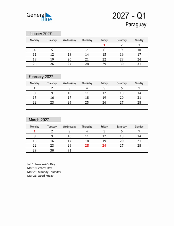 Paraguay Quarter 1 2027 Calendar with Holidays