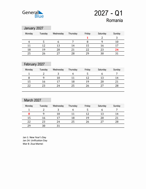 Romania Quarter 1 2027 Calendar with Holidays
