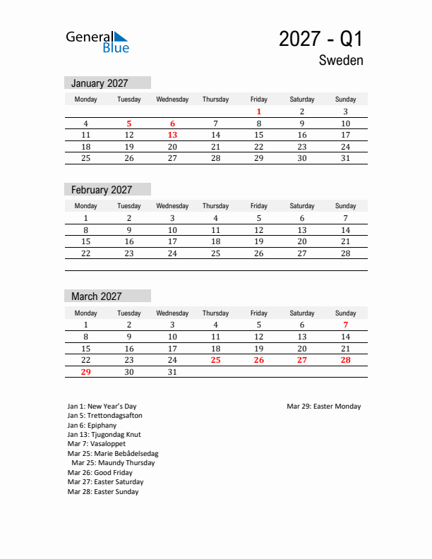 Sweden Quarter 1 2027 Calendar with Holidays