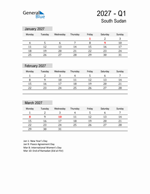 South Sudan Quarter 1 2027 Calendar with Holidays