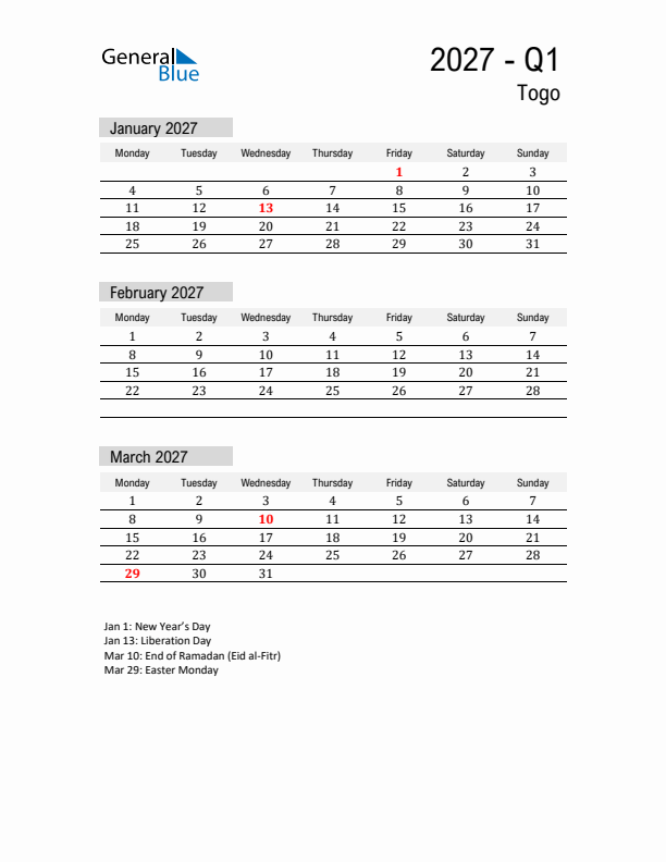 Togo Quarter 1 2027 Calendar with Holidays