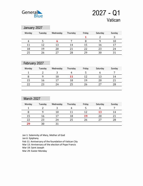 Vatican Quarter 1 2027 Calendar with Holidays