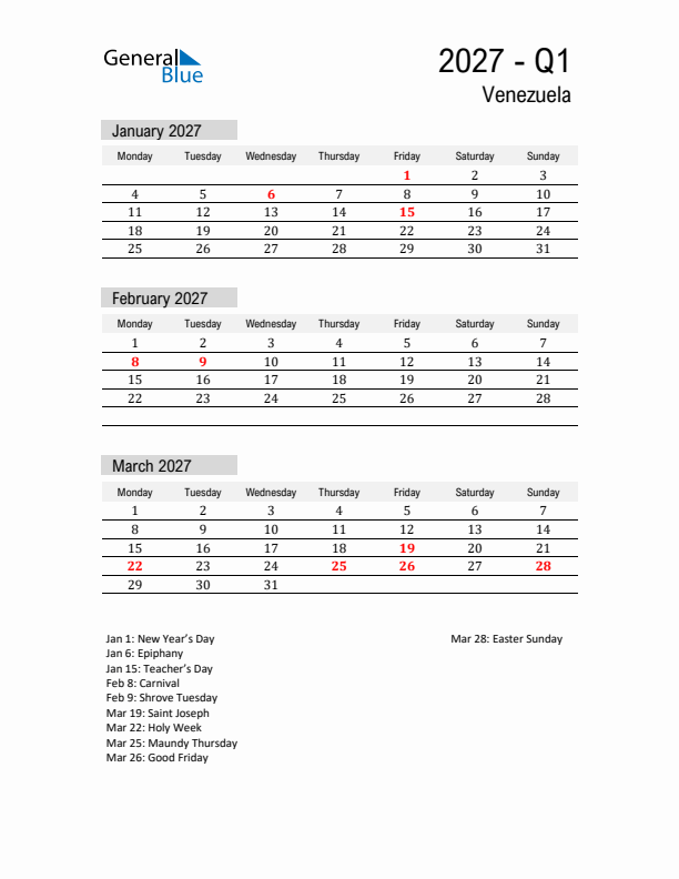 Venezuela Quarter 1 2027 Calendar with Holidays