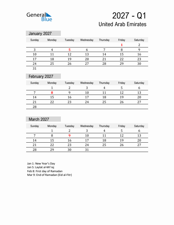 United Arab Emirates Quarter 1 2027 Calendar with Holidays