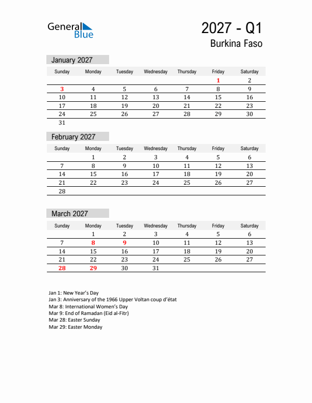 Burkina Faso Quarter 1 2027 Calendar with Holidays