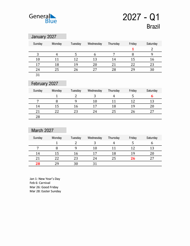 Brazil Quarter 1 2027 Calendar with Holidays