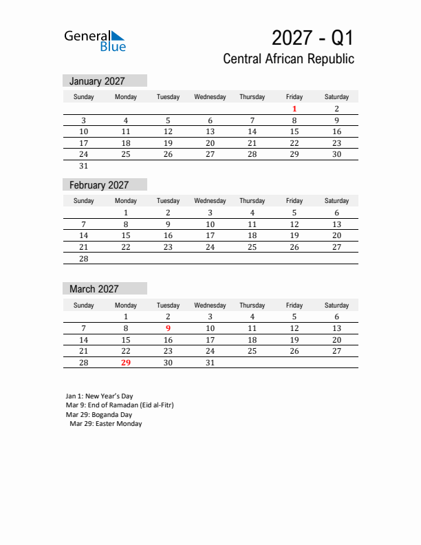 Central African Republic Quarter 1 2027 Calendar with Holidays