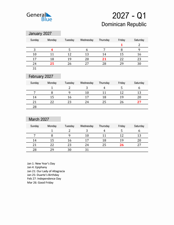 Dominican Republic Quarter 1 2027 Calendar with Holidays