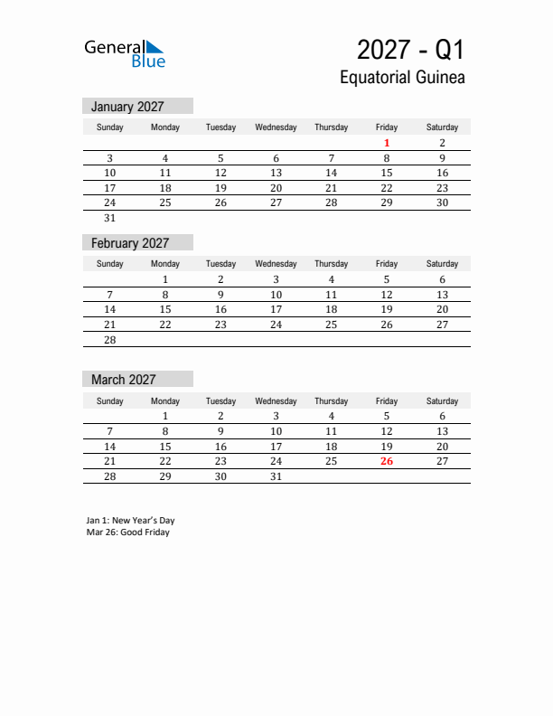 Equatorial Guinea Quarter 1 2027 Calendar with Holidays