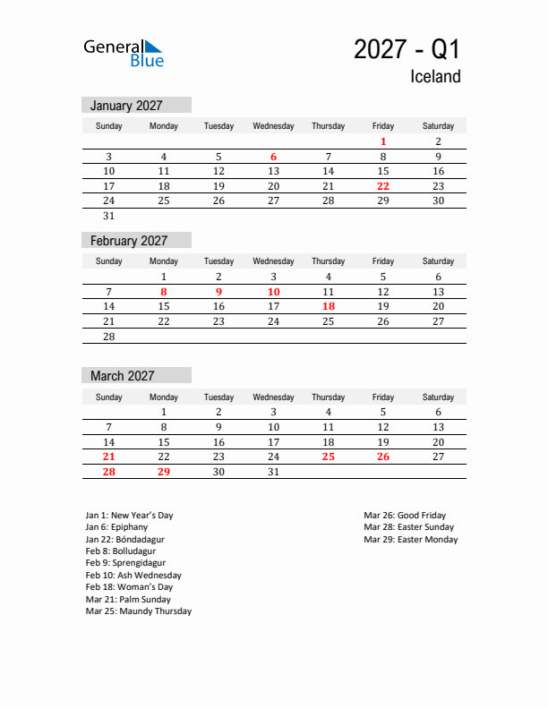 Iceland Quarter 1 2027 Calendar with Holidays